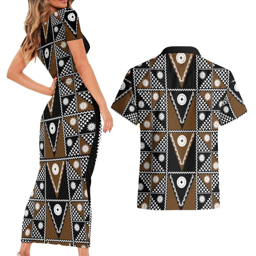 Fiji Brown Masi Pattern Couples Matching Short Sleeve Bodycon Dress and Hawaiian Shirt Fijian Tapa LT01 - Polynesian Pride