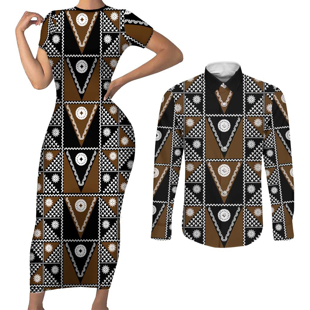 Fiji Brown Masi Pattern Couples Matching Short Sleeve Bodycon Dress and Long Sleeve Button Shirt Fijian Tapa LT01 Brown - Polynesian Pride