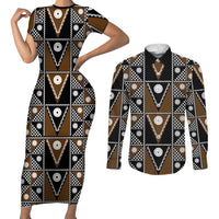 Fiji Brown Masi Pattern Couples Matching Short Sleeve Bodycon Dress and Long Sleeve Button Shirt Fijian Tapa LT01 Brown - Polynesian Pride