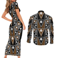 Fiji Brown Masi Pattern Couples Matching Short Sleeve Bodycon Dress and Long Sleeve Button Shirt Fijian Tapa LT01 - Polynesian Pride