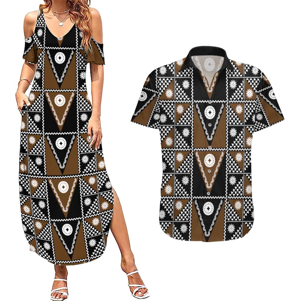Fiji Brown Masi Pattern Couples Matching Summer Maxi Dress and Hawaiian Shirt Fijian Tapa LT01 Brown - Polynesian Pride