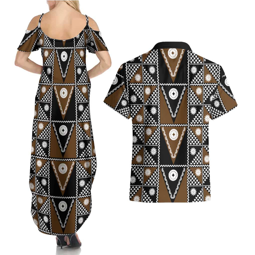 Fiji Brown Masi Pattern Couples Matching Summer Maxi Dress and Hawaiian Shirt Fijian Tapa LT01 - Polynesian Pride