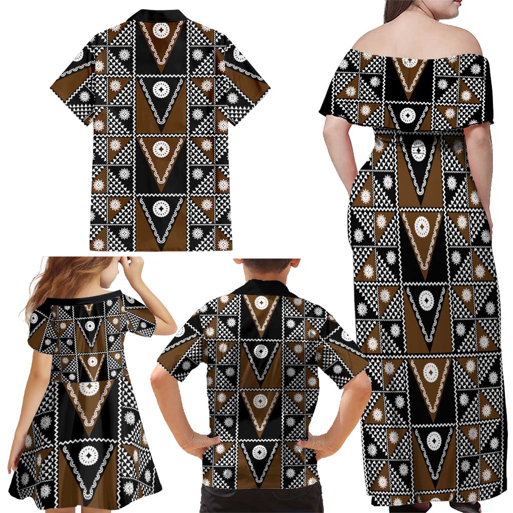 Fiji Brown Masi Pattern Family Matching Off Shoulder Maxi Dress and Hawaiian Shirt Fijian Tapa