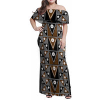 Fiji Brown Masi Pattern Family Matching Off Shoulder Maxi Dress and Hawaiian Shirt Fijian Tapa