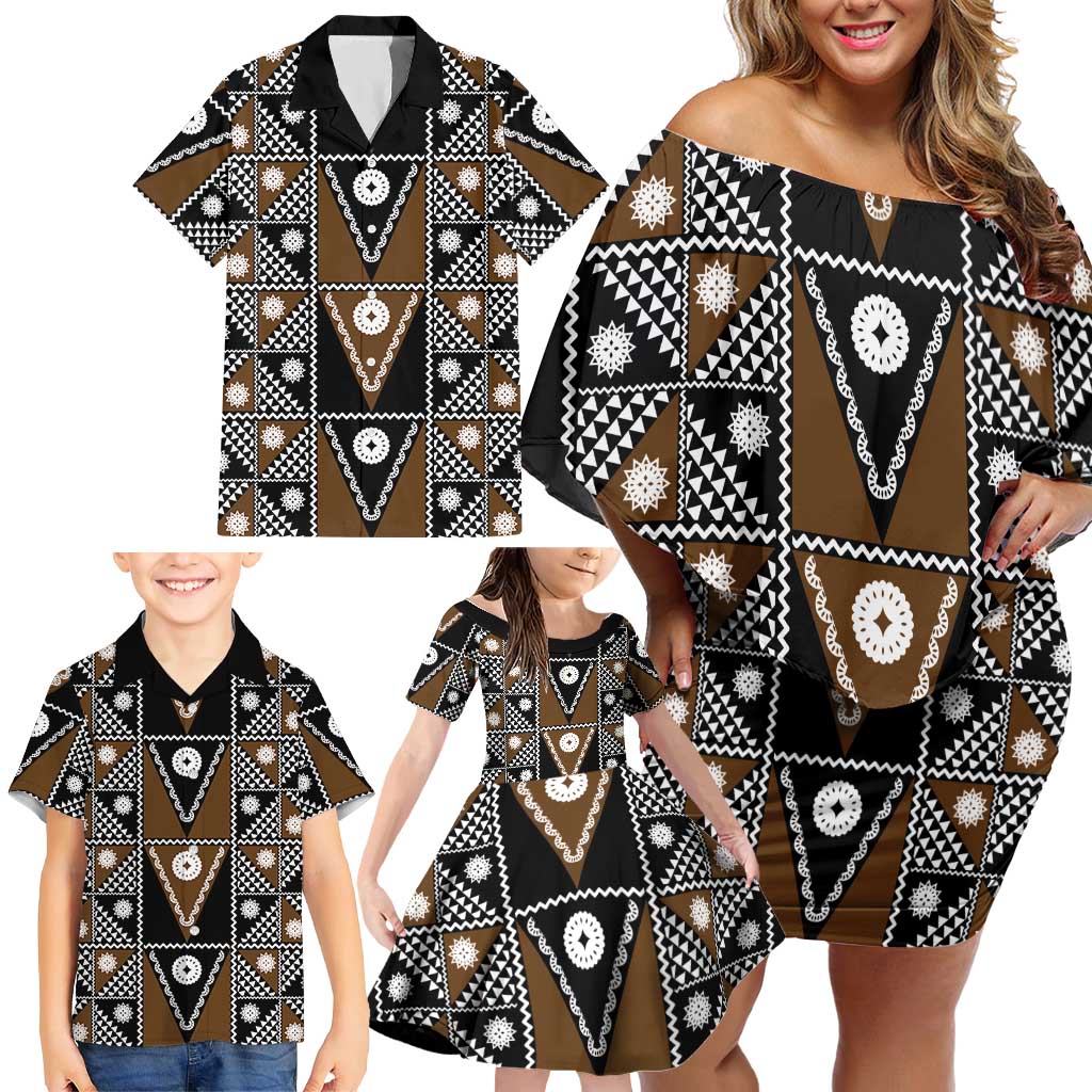 Fiji Brown Masi Pattern Family Matching Off Shoulder Short Dress and Hawaiian Shirt Fijian Tapa LT01 - Polynesian Pride