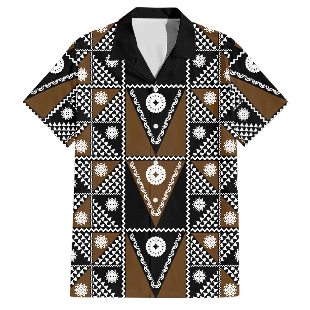Fiji Brown Masi Pattern Family Matching Off Shoulder Short Dress and Hawaiian Shirt Fijian Tapa