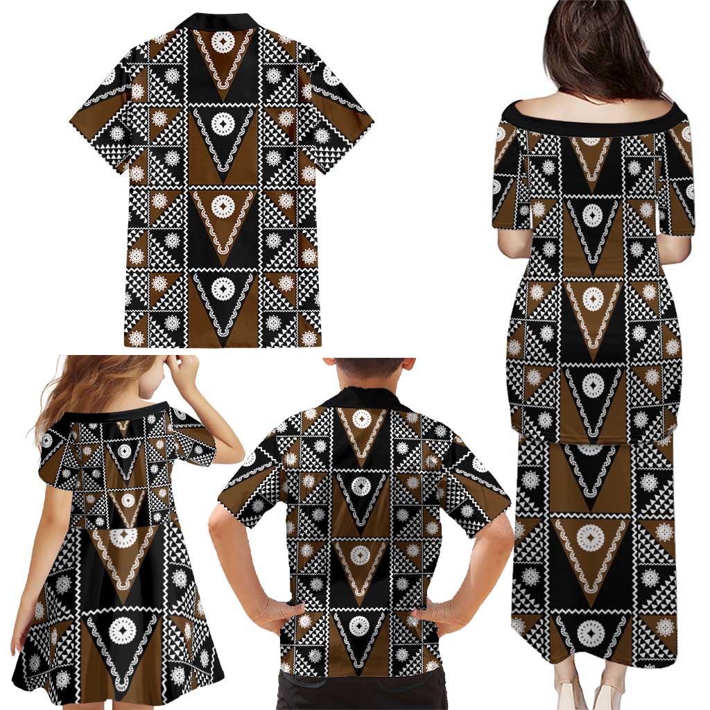 Fiji Brown Masi Pattern Family Matching Puletasi and Hawaiian Shirt Fijian Tapa