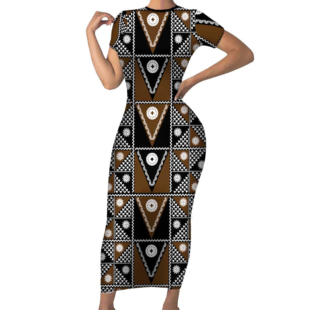 Fiji Brown Masi Pattern Family Matching Short Sleeve Bodycon Dress and Hawaiian Shirt Fijian Tapa LT01 Mom's Dress Brown - Polynesian Pride