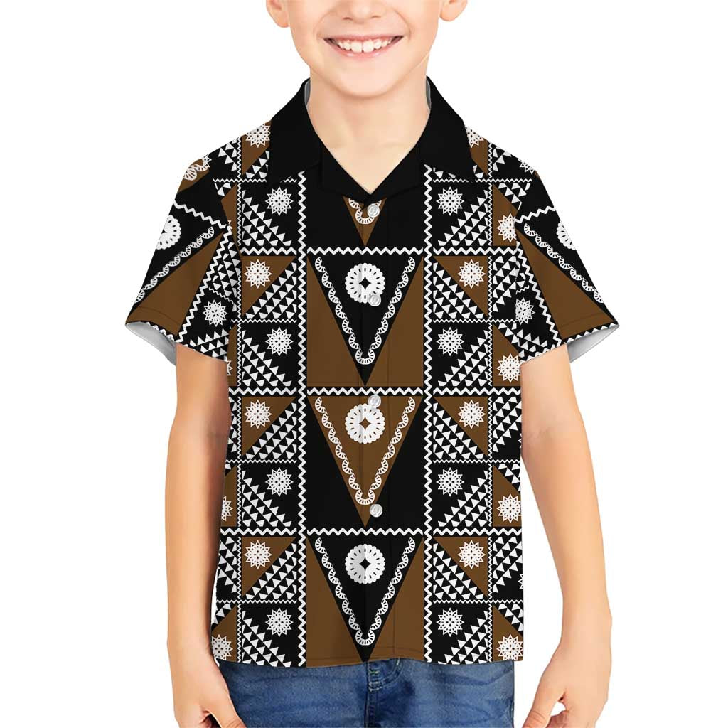 Fiji Brown Masi Pattern Family Matching Short Sleeve Bodycon Dress and Hawaiian Shirt Fijian Tapa LT01 Son's Shirt Brown - Polynesian Pride