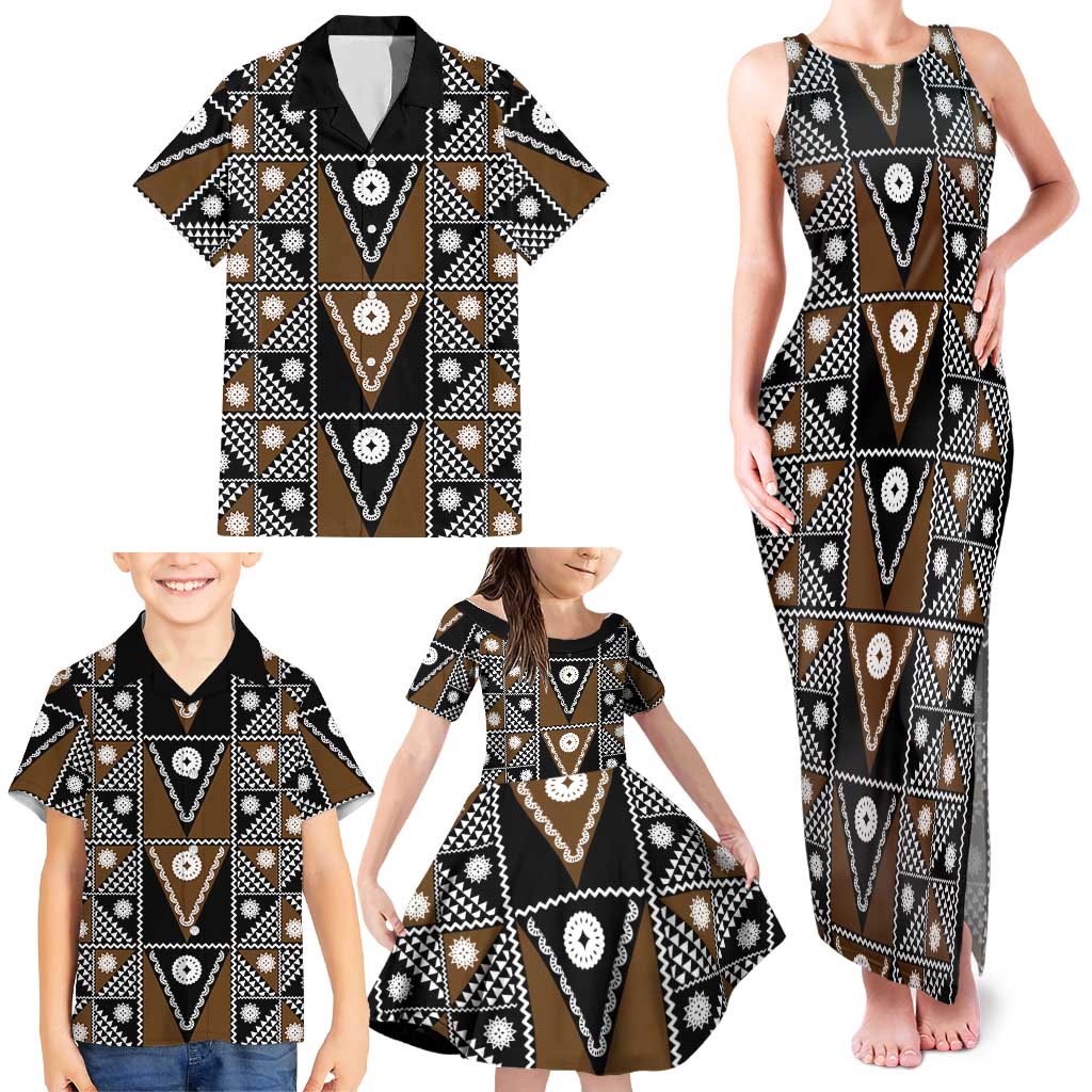 Fiji Brown Masi Pattern Family Matching Tank Maxi Dress and Hawaiian Shirt Fijian Tapa LT01 - Polynesian Pride