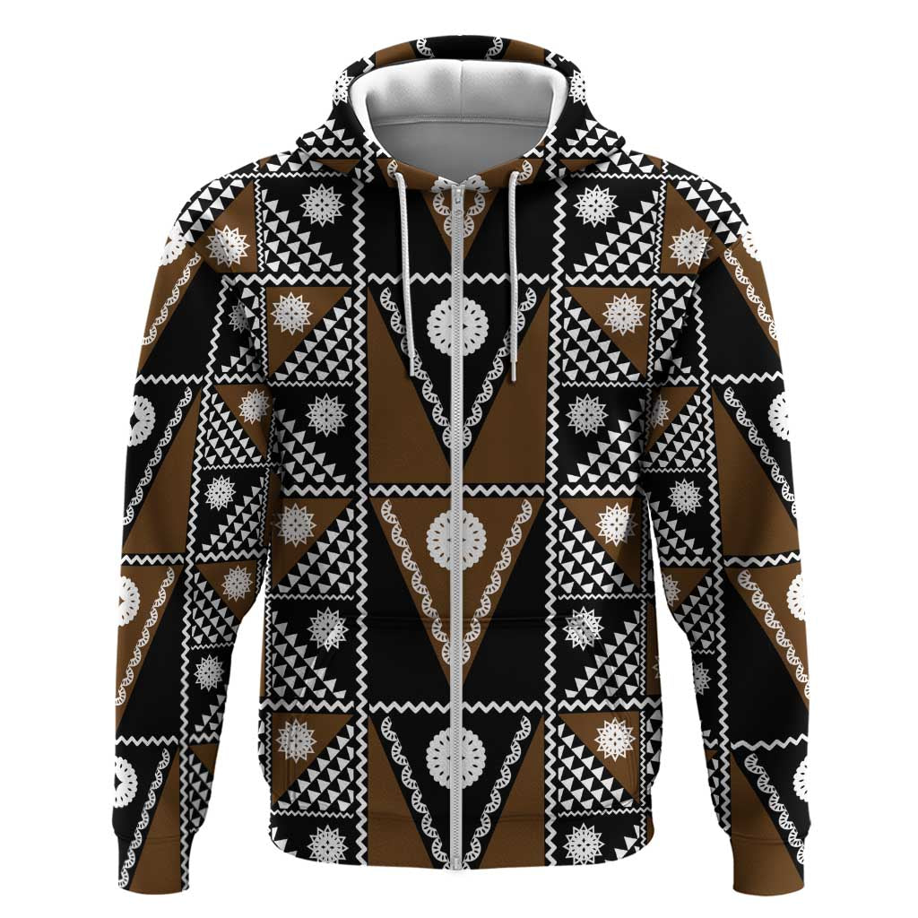 Fiji Brown Masi Pattern Hoodie Fijian Tapa LT01 Zip Hoodie Brown - Polynesian Pride
