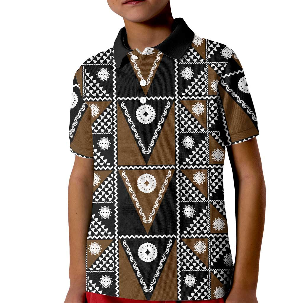 Fiji Brown Masi Pattern Kid Polo Shirt Fijian Tapa