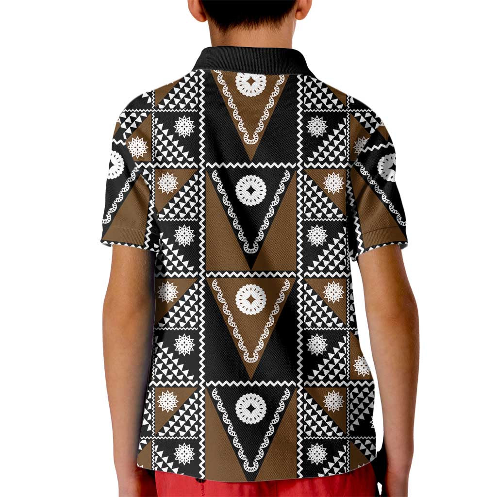Fiji Brown Masi Pattern Kid Polo Shirt Fijian Tapa