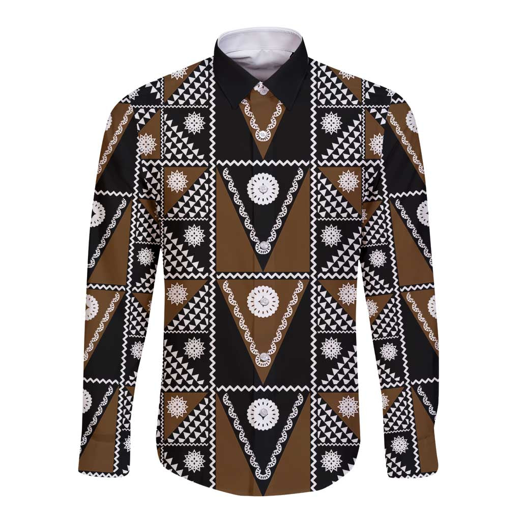 Fiji Brown Masi Pattern Long Sleeve Button Shirt Fijian Tapa