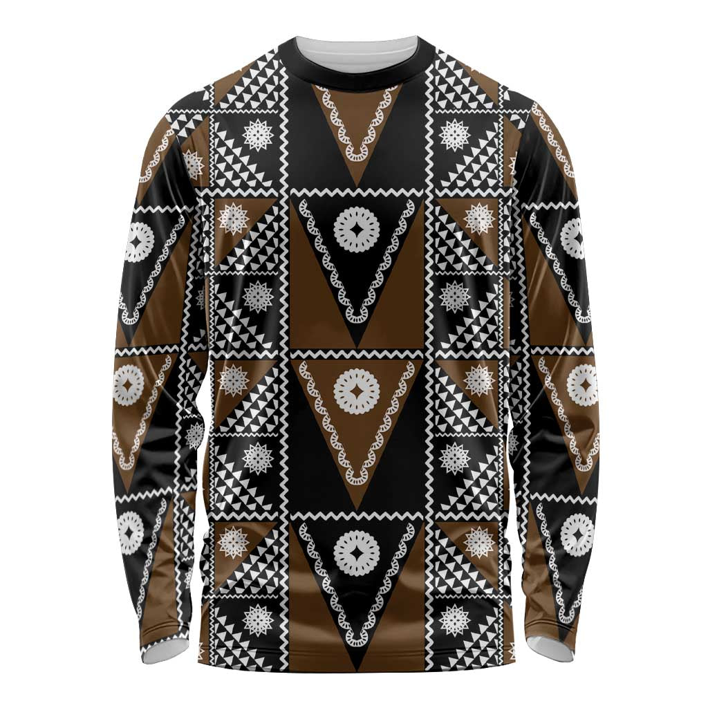 Fiji Brown Masi Pattern Long Sleeve Shirt Fijian Tapa