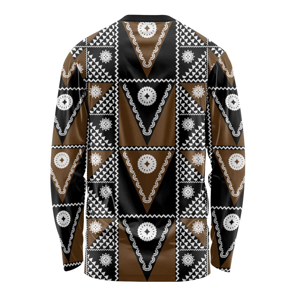 Fiji Brown Masi Pattern Long Sleeve Shirt Fijian Tapa