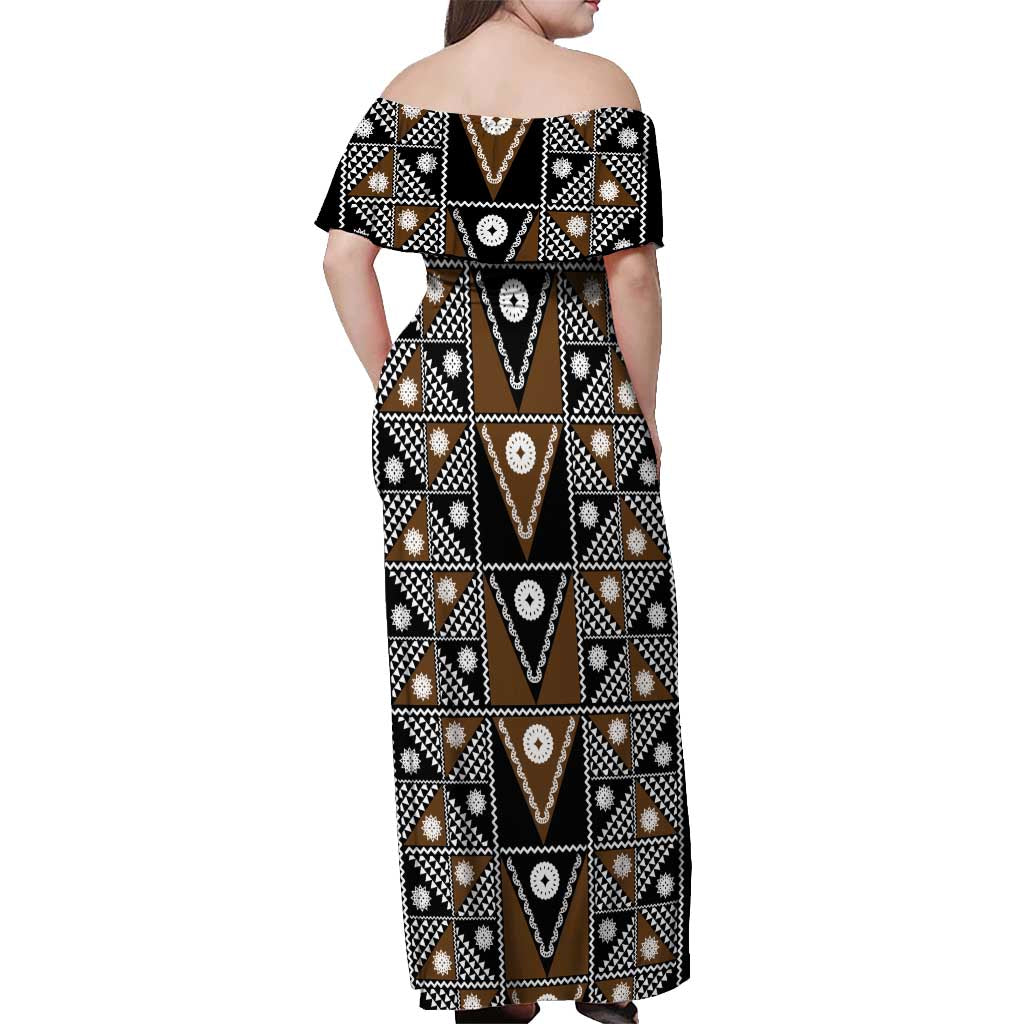 Fiji Brown Masi Pattern Off Shoulder Maxi Dress Fijian Tapa