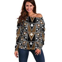 Fiji Brown Masi Pattern Off Shoulder Sweater Fijian Tapa