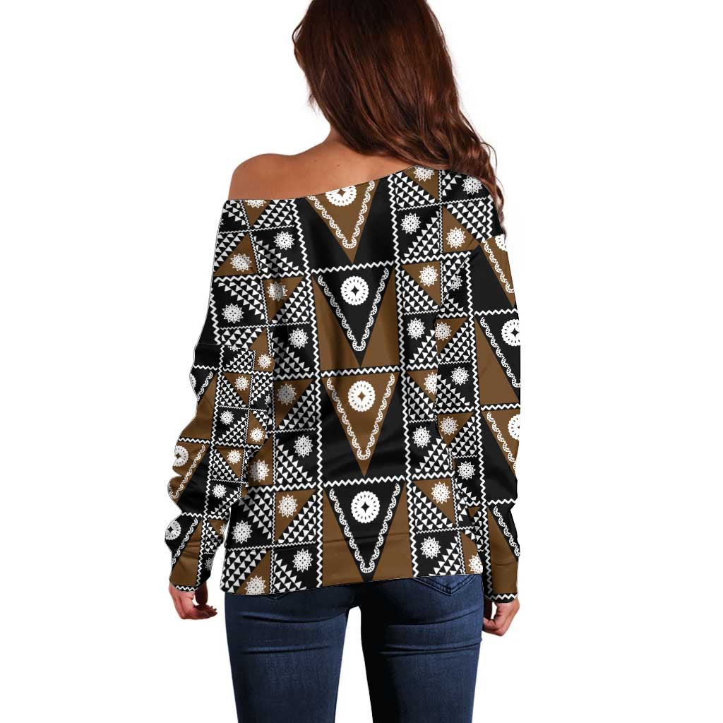 Fiji Brown Masi Pattern Off Shoulder Sweater Fijian Tapa