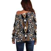 Fiji Brown Masi Pattern Off Shoulder Sweater Fijian Tapa