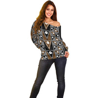 Fiji Brown Masi Pattern Off Shoulder Sweater Fijian Tapa