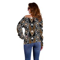 Fiji Brown Masi Pattern Off Shoulder Sweater Fijian Tapa