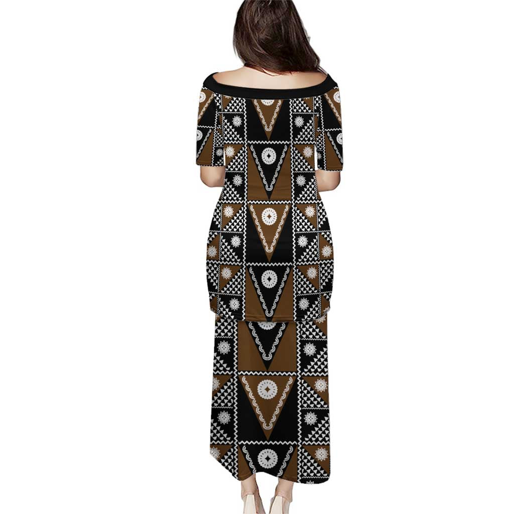 Fiji Brown Masi Pattern Puletasi Fijian Tapa