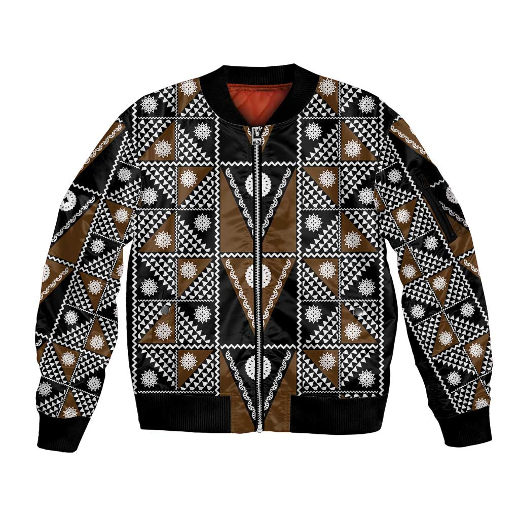 Fiji Brown Masi Pattern Sleeve Zip Bomber Jacket Fijian Tapa LT01 Unisex Brown - Polynesian Pride
