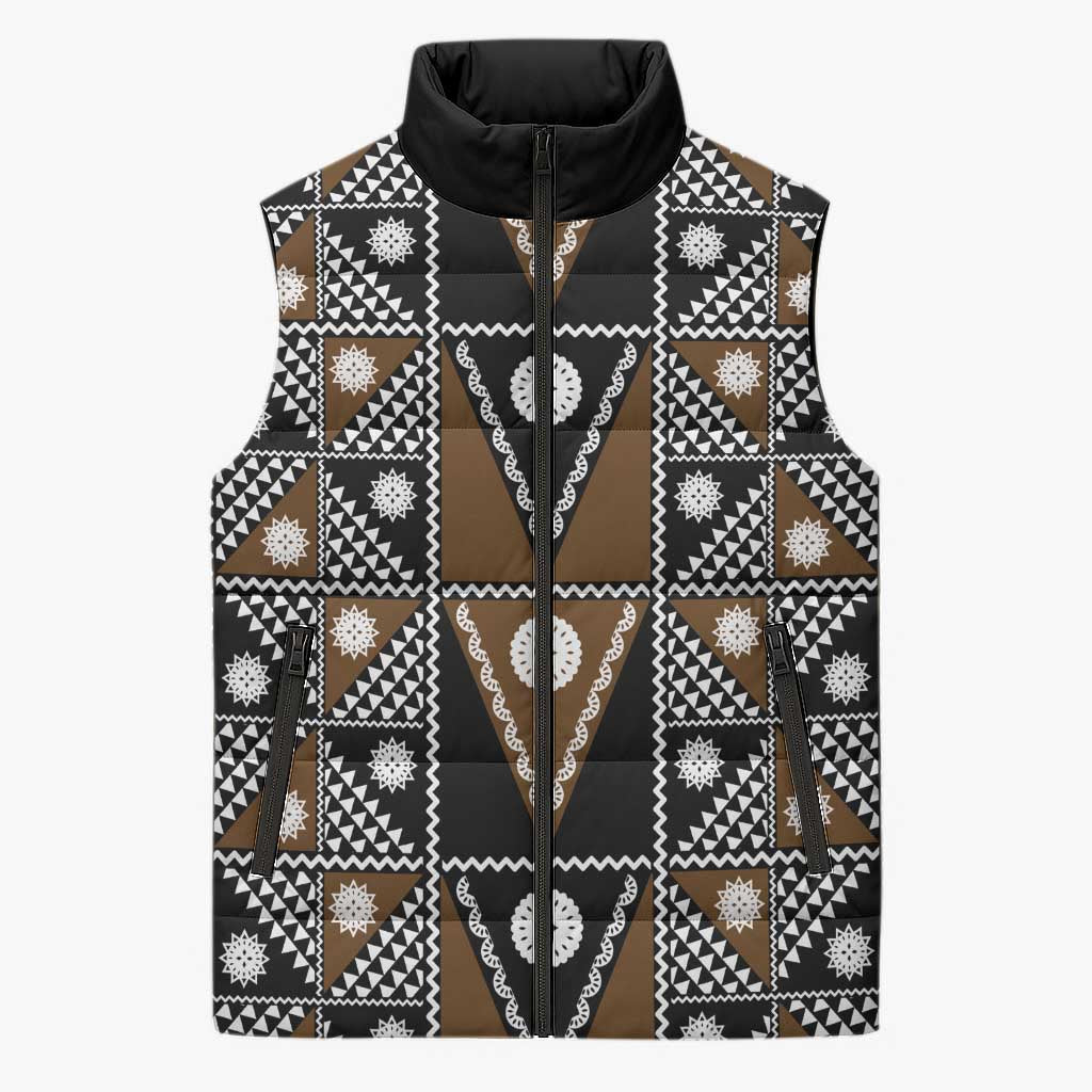 Fiji Brown Masi Pattern Sleeveless Puffer Jacket Fijian Tapa