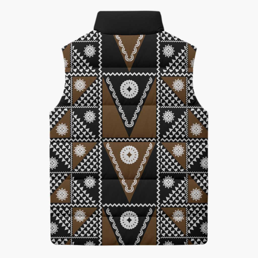 Fiji Brown Masi Pattern Sleeveless Puffer Jacket Fijian Tapa