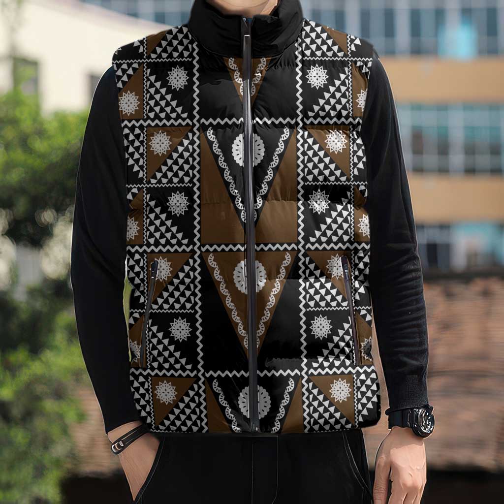 Fiji Brown Masi Pattern Sleeveless Puffer Jacket Fijian Tapa