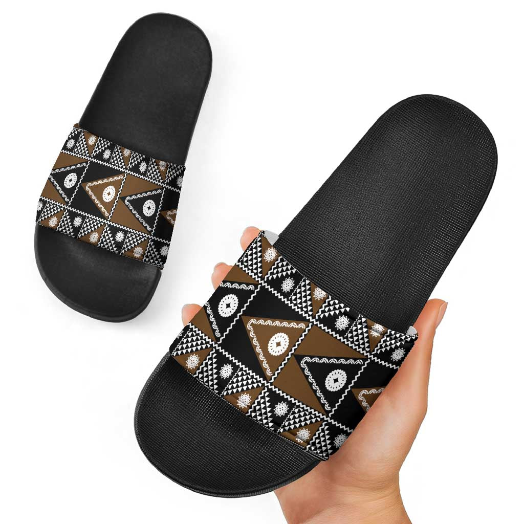 Fiji Brown Masi Pattern Slide Sandals Fijian Tapa