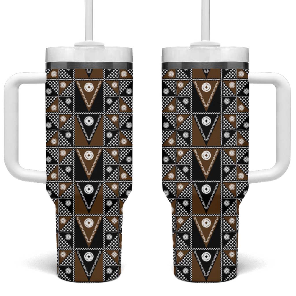 Fiji Brown Masi Pattern Tumbler With Handle Fijian Tapa LT01 One Size: 40 oz Brown - Polynesian Pride