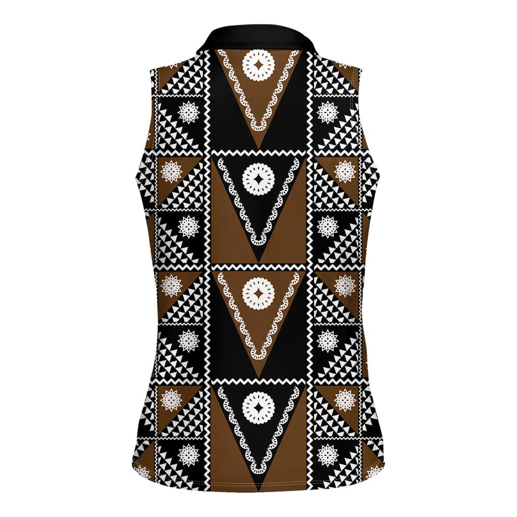 Fiji Brown Masi Pattern Women Sleeveless Polo Shirt Fijian Tapa