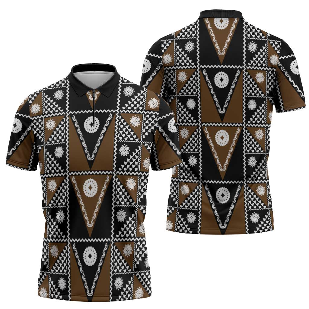 Fiji Brown Masi Pattern Zipper Polo Shirt Fijian Tapa