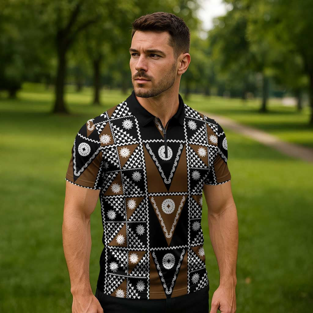 Fiji Brown Masi Pattern Zipper Polo Shirt Fijian Tapa