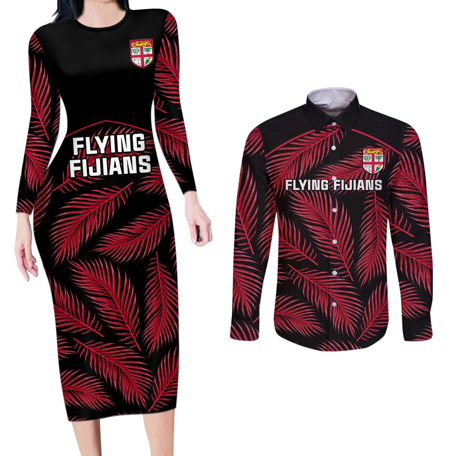 fiji-rugby-couples-matching-long-sleeve-bodycon-dress-and-long-sleeve-button-shirts-flying-fijians-red-palm-tree-version