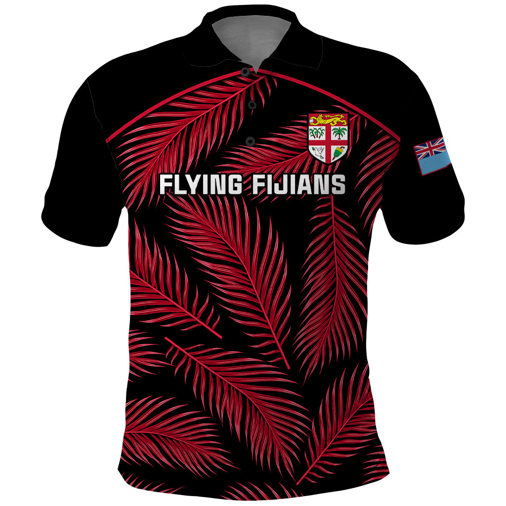 Fiji Rugby Polo Shirt Flying Fijians Red Palm Tree Version LT01 Black - Polynesian Pride