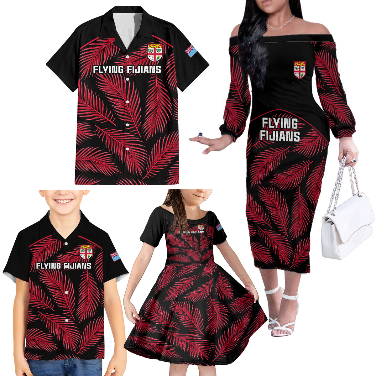 custom-fiji-rugby-family-matching-off-shoulder-long-sleeve-dress-and-hawaiian-shirt-flying-fijians-red-palm-tree-version