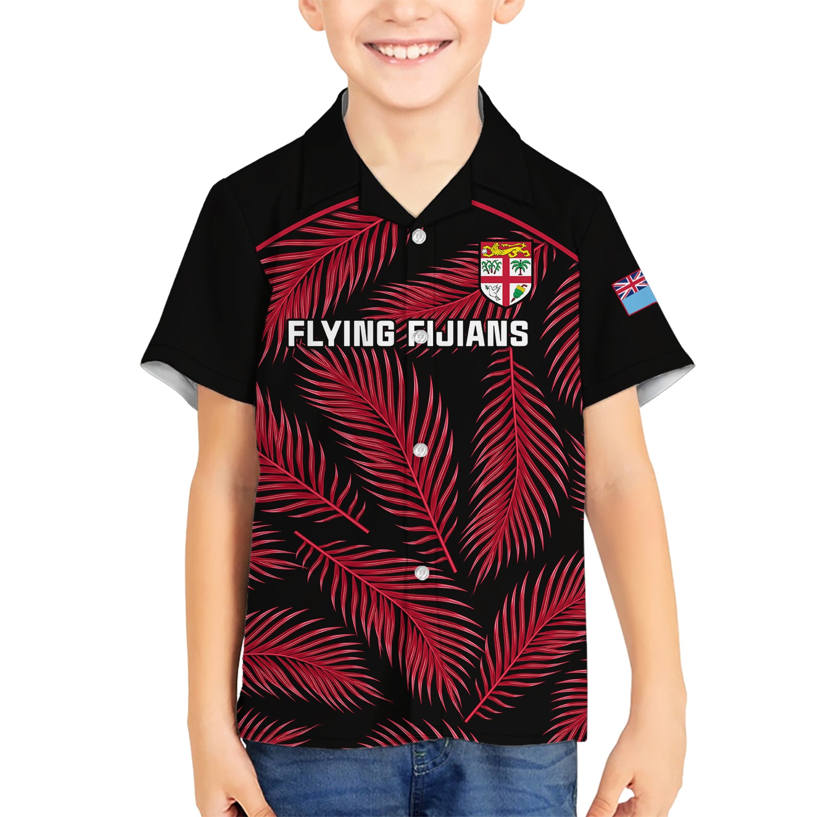 Custom Fiji Rugby Kid Hawaiian Shirt Flying Fijians Red Palm Tree Version LT01 Kid Black - Polynesian Pride