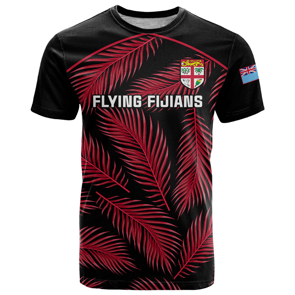Custom Fiji Rugby T Shirt Flying Fijians Red Palm Tree Version LT01 Black - Polynesian Pride