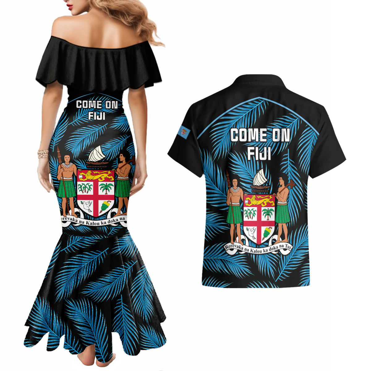 fiji-rugby-couples-matching-mermaid-dress-and-hawaiian-shirt-flying-fijians-blue-palm-tree-version