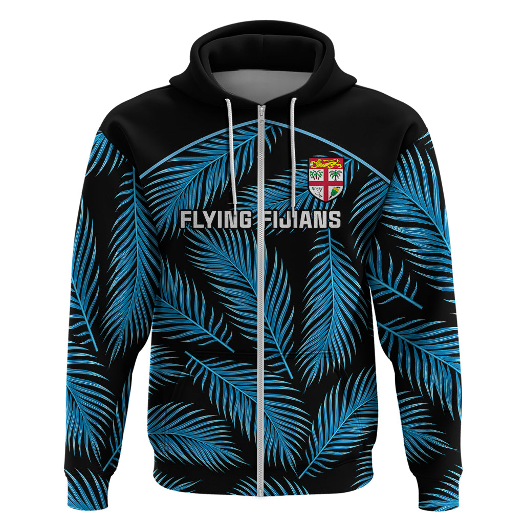 Fiji Rugby Hoodie Flying Fijians Blue Palm Tree Version LT01 Zip Hoodie Black - Polynesian Pride