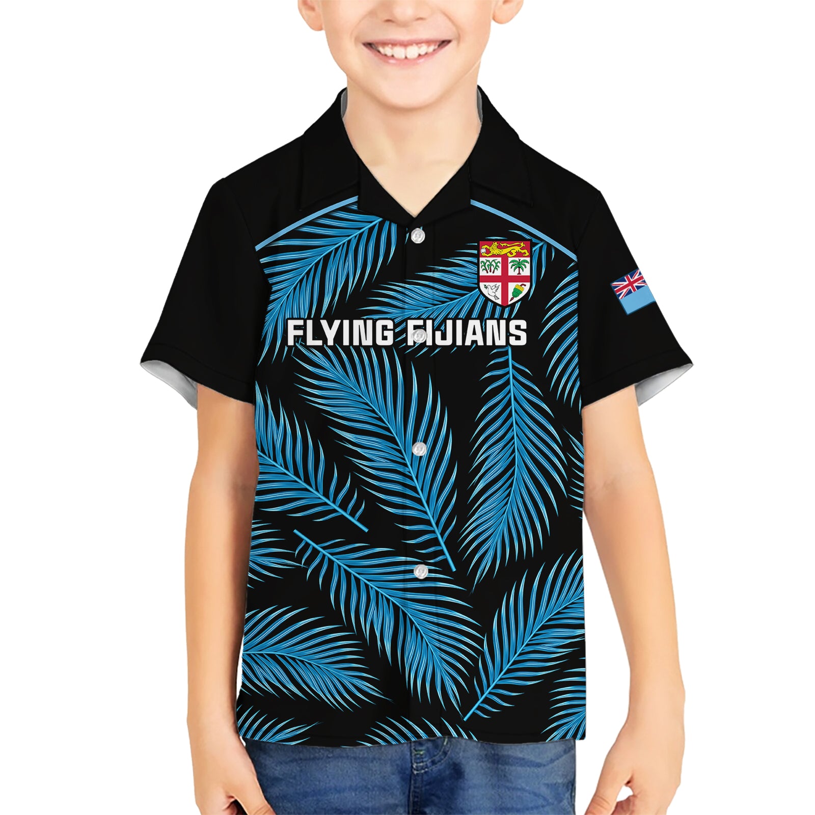 Fiji Rugby Kid Hawaiian Shirt Flying Fijians Blue Palm Tree Version LT01 Kid Black - Polynesian Pride