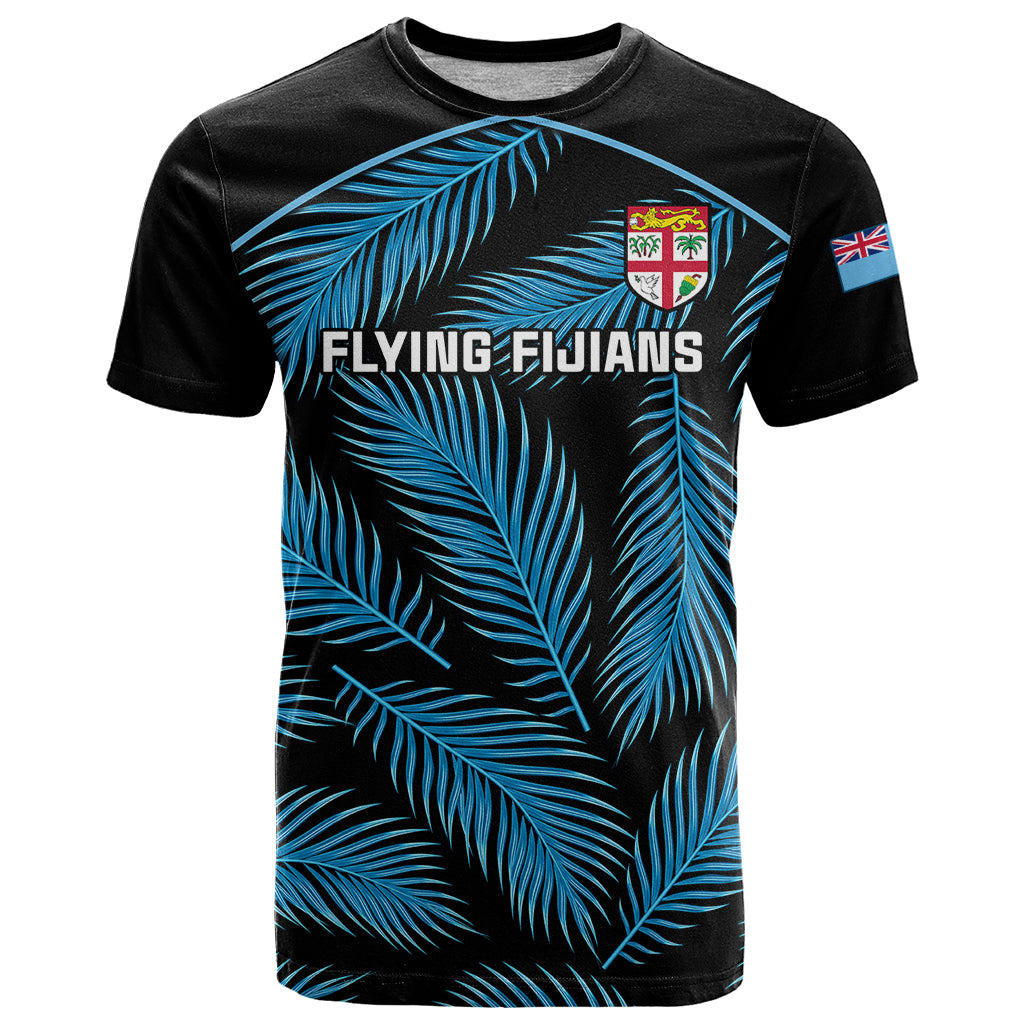 Fiji Rugby T Shirt Flying Fijians Blue Palm Tree Version LT01 Black - Polynesian Pride