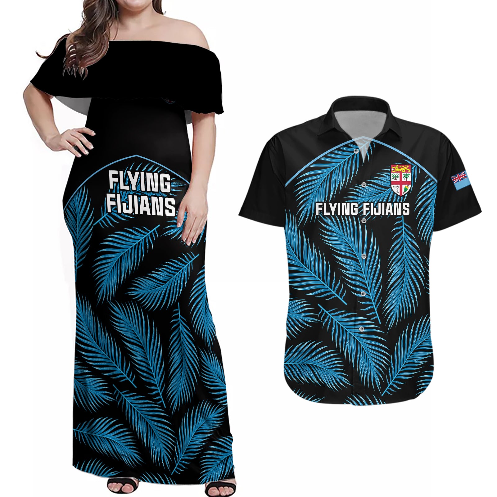 custom-fiji-rugby-couples-matching-off-shoulder-maxi-dress-and-hawaiian-shirt-flying-fijians-blue-palm-tree-version