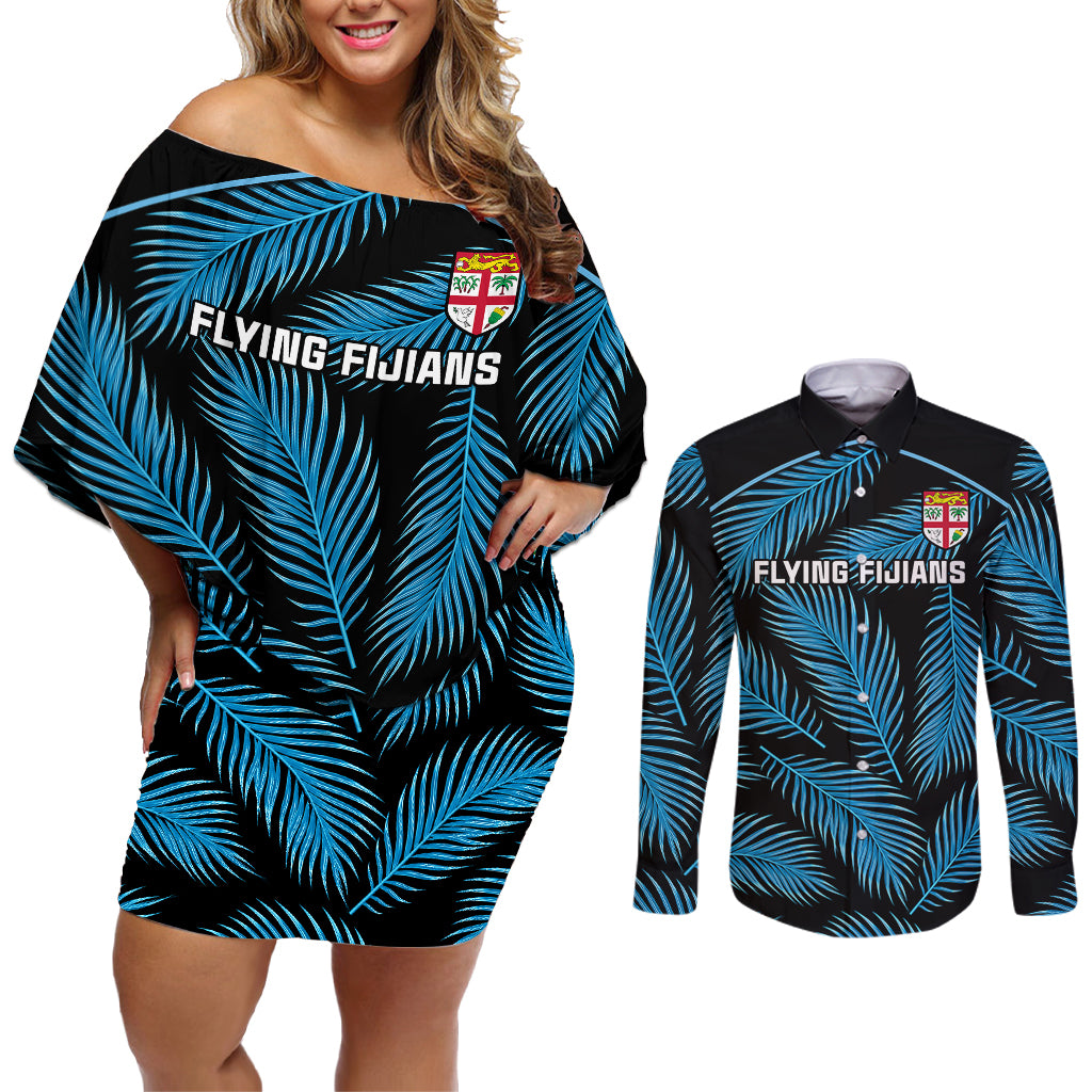 custom-fiji-rugby-couples-matching-off-shoulder-short-dress-and-long-sleeve-button-shirts-flying-fijians-blue-palm-tree-version