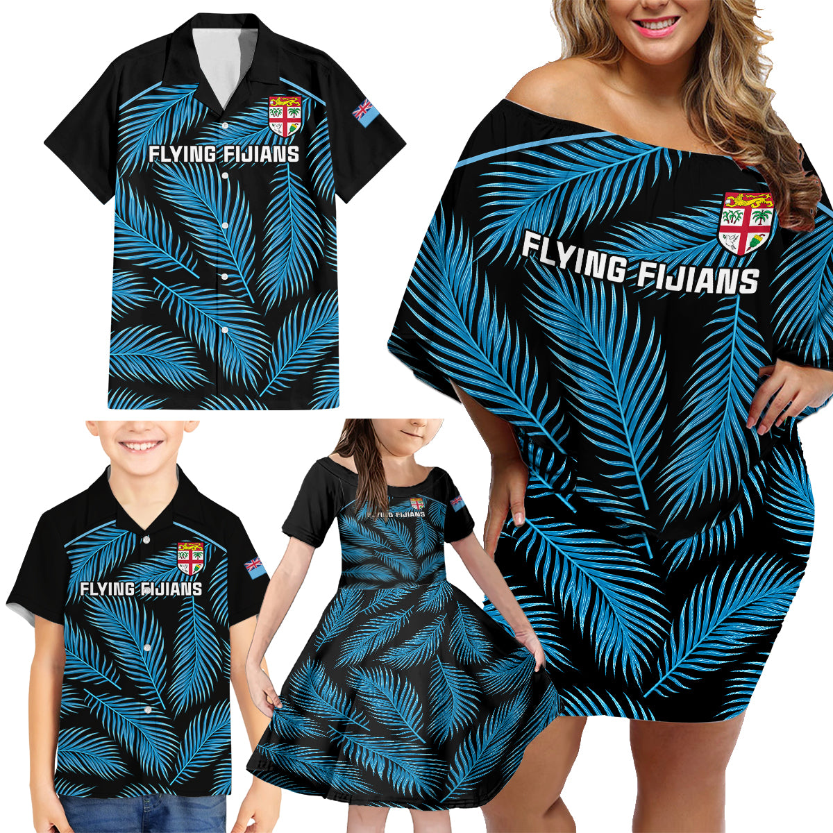 custom-fiji-rugby-family-matching-off-shoulder-short-dress-and-hawaiian-shirt-flying-fijians-blue-palm-tree-version