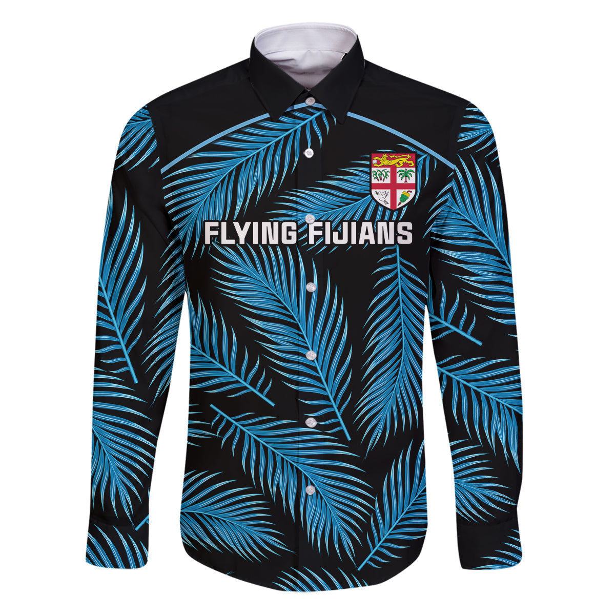 Custom Fiji Rugby Family Matching Puletasi Dress and Hawaiian Shirt Flying Fijians Blue Palm Tree Version LT01 Dad's Shirt - Long Sleeve Black - Polynesian Pride