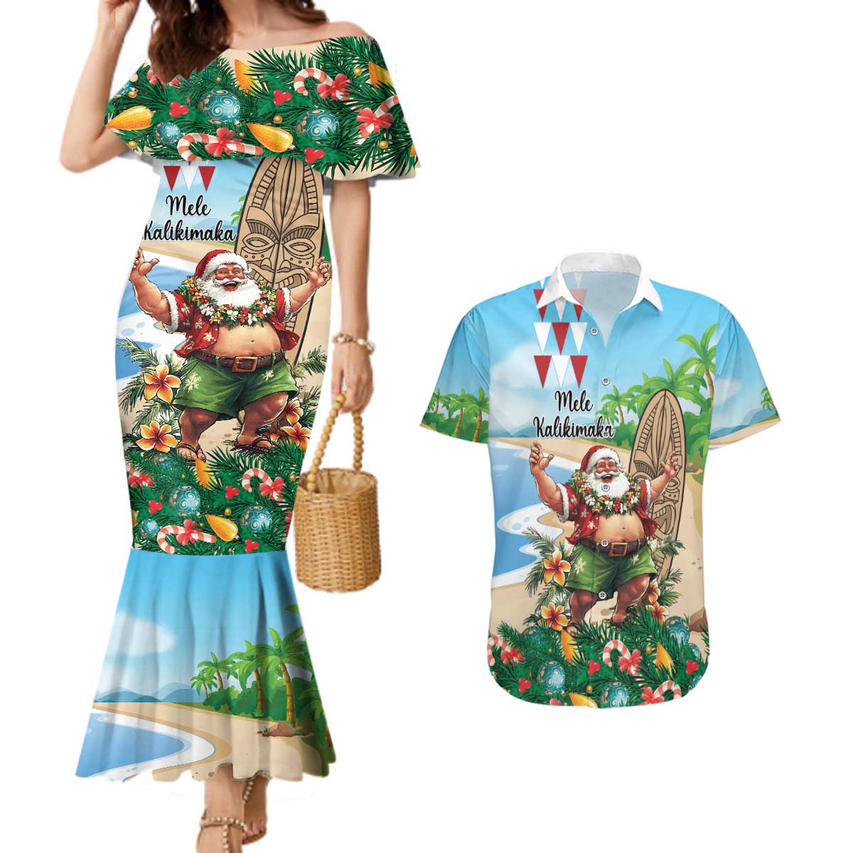 Hawaii Christmas Santa Claus Couples Matching Mermaid Dress and Hawaiian Shirt Mele Kalikimaka Tropical Beach